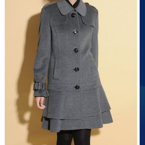 Guess (Size L) Gray Ruffle Layered Hem Wool Blend Button Down Belted Cuff Coat - Picture 1 of 16